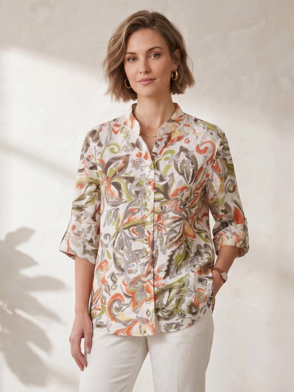 Alfred Dunner Abstract Floral Top White Boho Grandma Coastal Mori Size 10P Artsy